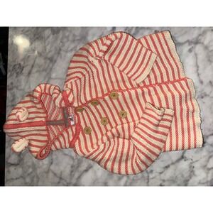 Baby Boden Striped Hooded Cardigan Sweater Coral Cream Wood Buttons 6-12 Months‎